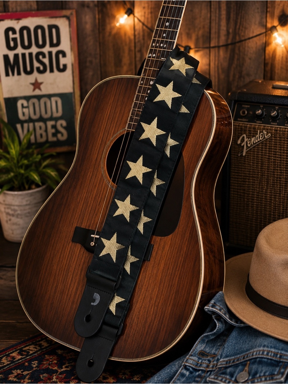 Levy's Leathers Black Polyester Guitar Strap Gold Metallic Stars